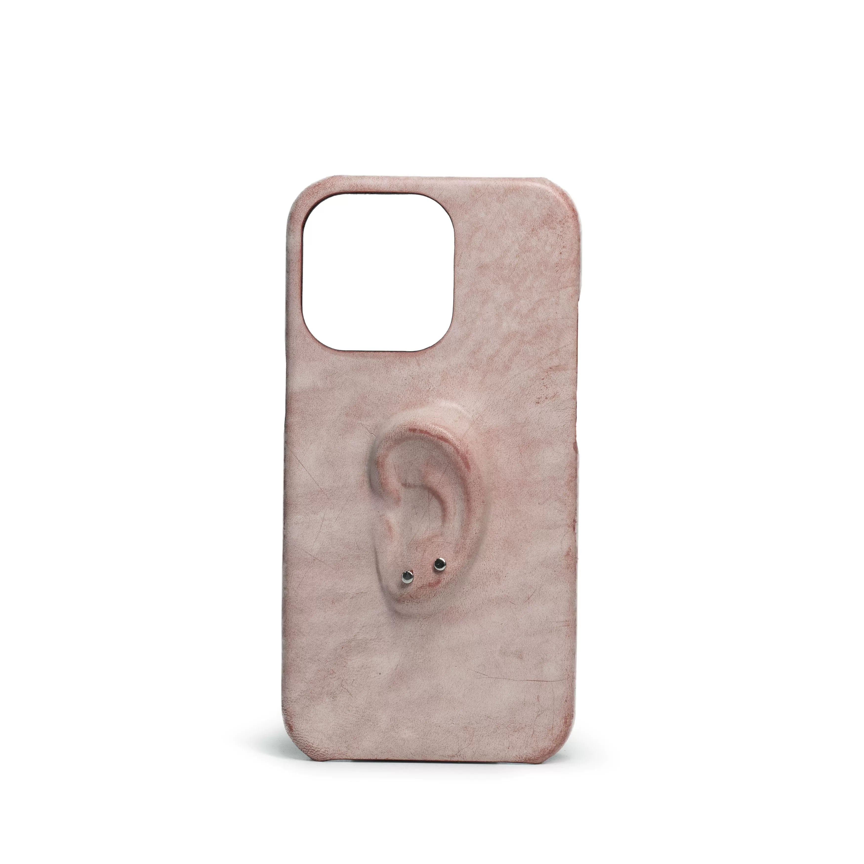 Apple 17pro pure handmade high-grade pink creative ear installation art mobile phone case suitable for new genuine leather aged cowhide niche high-end interesting 16pro iphone16promax