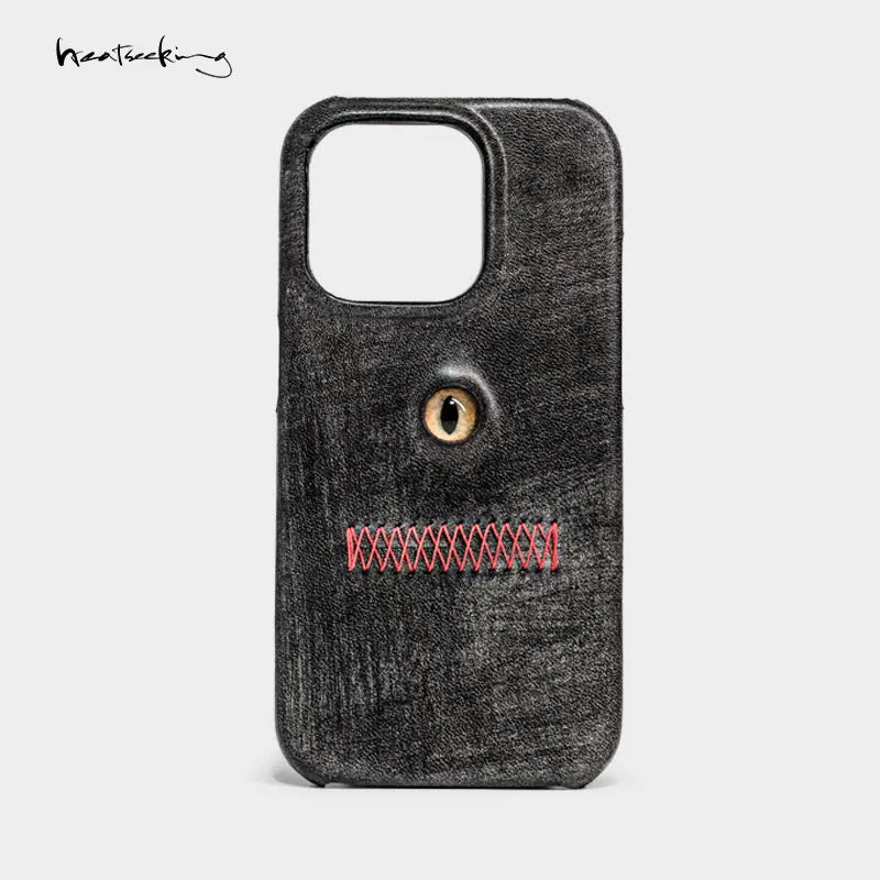 Purely handmade suitable for Apple 15promax new genuine leather old waxed leather creative eye phone case niche dark style high-end interesting 16pro iphone16promax 14