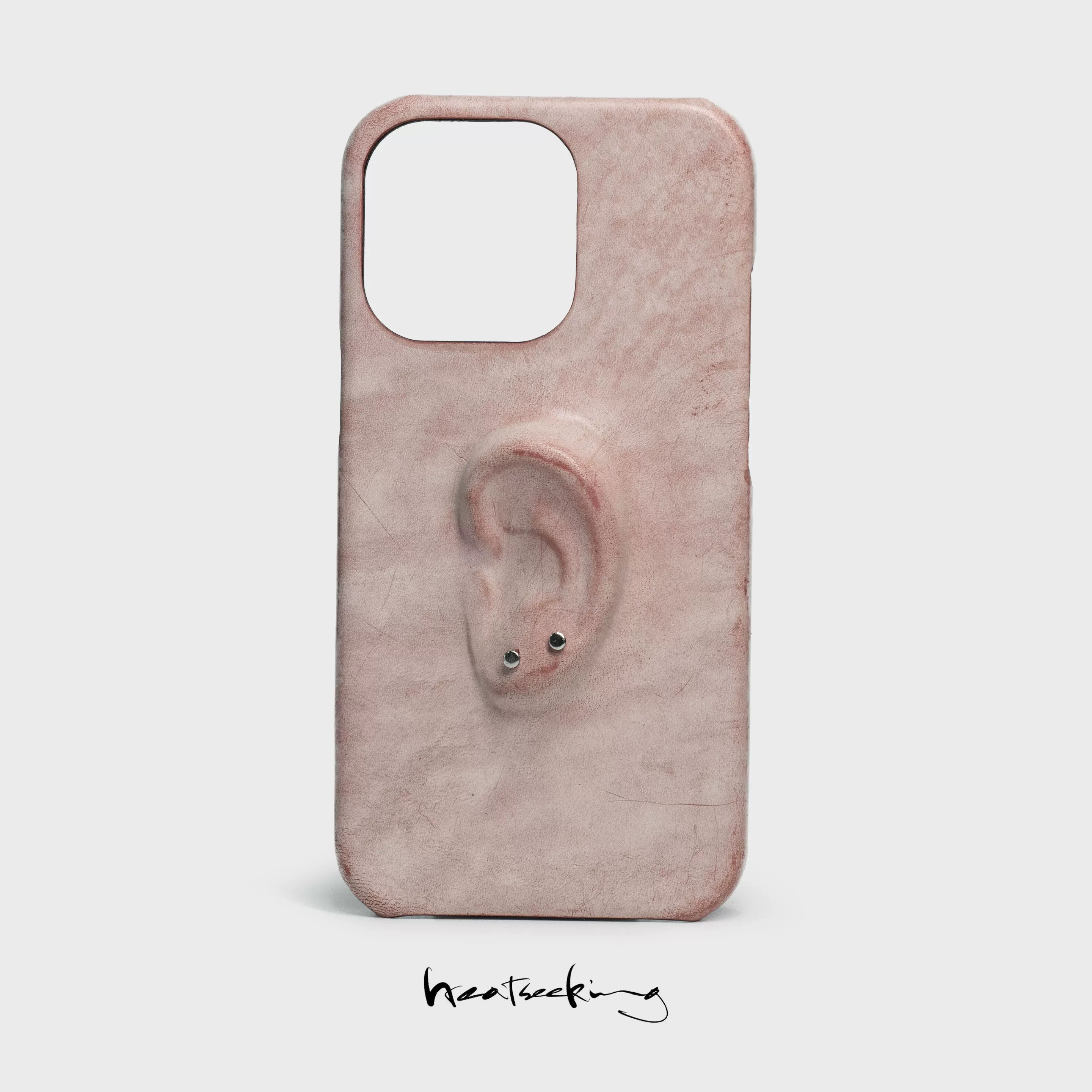 Apple 17pro pure handmade high-grade pink creative ear installation art mobile phone case suitable for new genuine leather aged cowhide niche high-end interesting 16pro iphone16promax