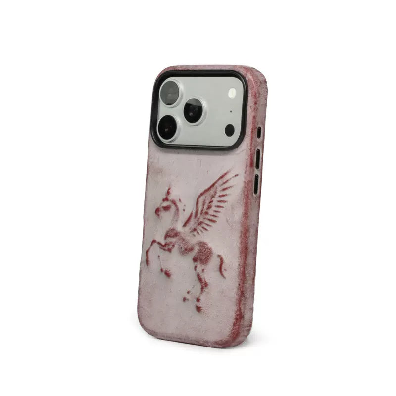 Three-pack all-inclusive mobile phone case, anti-fall horse embossed leather mobile phone case, suitable for iPhone17pro creative original 17promax year of the horse gift birthday genuine leather handmade custom texture