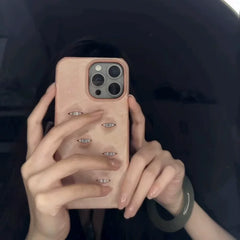 Italian A++ pink handmade cowhide mobile phone case suitable for iphone16pro leather case eye creative matte powder 15 handmade genuine leather 14promax16promax advanced multi-eye
