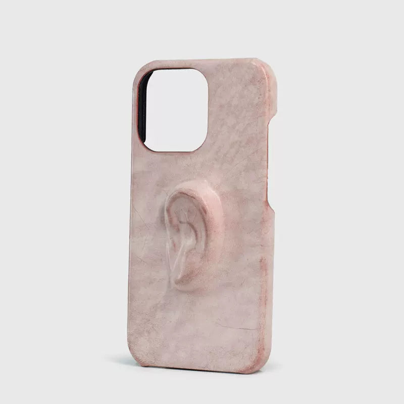 Apple 17pro pure handmade high-grade pink creative ear installation art mobile phone case suitable for new genuine leather aged cowhide niche high-end interesting 16pro iphone16promax