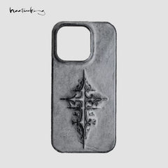 Handmade matte wax genuine leather cross three-dimensional sculpture mobile phone case, dark gothic niche art and high-end sense, suitable for Apple iPhone17pro/16promax/15